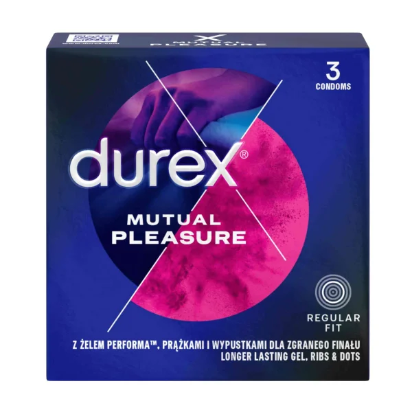 Durex Mutual Pleasure, prezerwatywy z lubrykantem przedłużającym stosunek, prążkowane z wypustkami, 3 sztuki