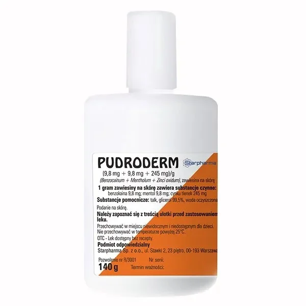 Pudroderm (9,8 mg + 9,8 mg + 245 mg)/g, 140 g
