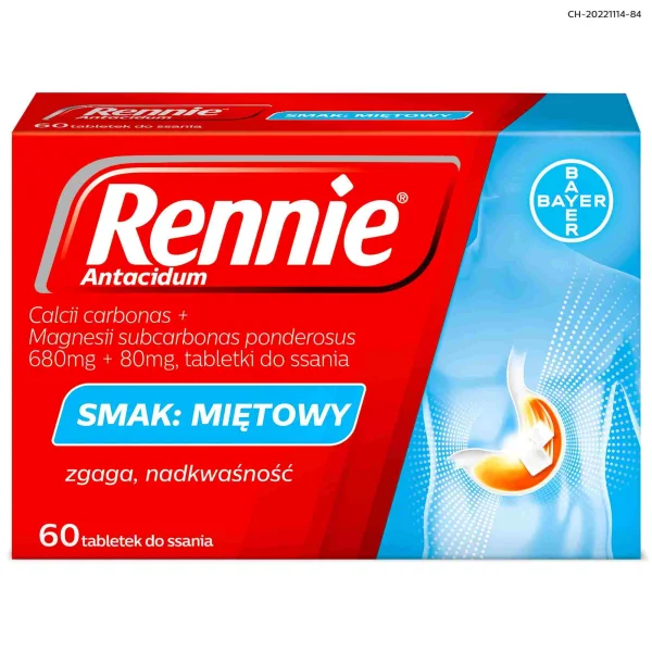 Rennie Antacidum 680 mg + 80 mg, smak miętowy, 60 tabletek do ssania