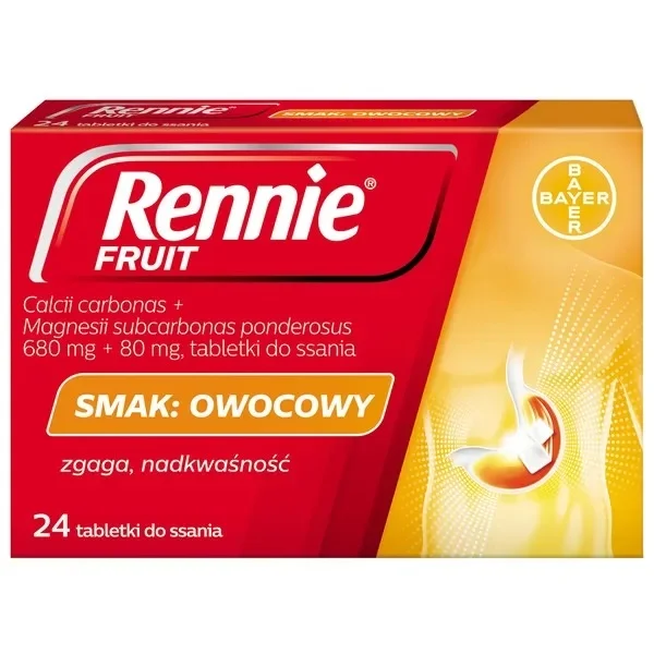 Rennie Fruit 680 mg + 80 mg, smak owocowy, 24 tabletki do ssania