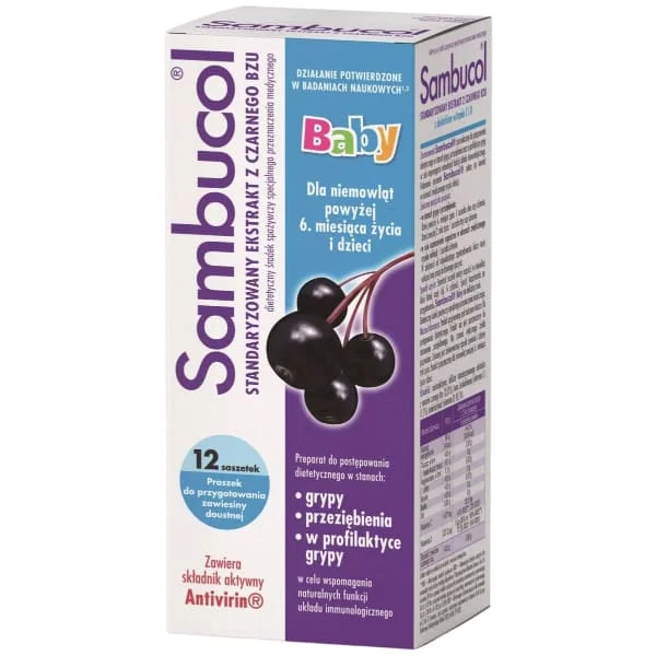 Sambucol Baby, dla niemowląt po 6 miesiącu życia, dzieci i dorosłych, 12 saszetek