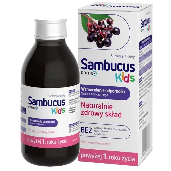 Sambucus Kids, syrop dla dzieci powyżej 1 roku życia, smak malinowy, 120 ml