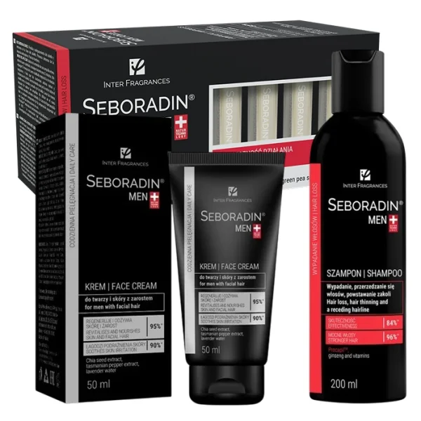 Seboradin Men Forte, kuracja przeciw wypadaniu włosów dla mężczyzn, 5,5 ml x 14 ampułek + Seboradin Men, szampon przeciw wypadaniu włosów, 200 ml