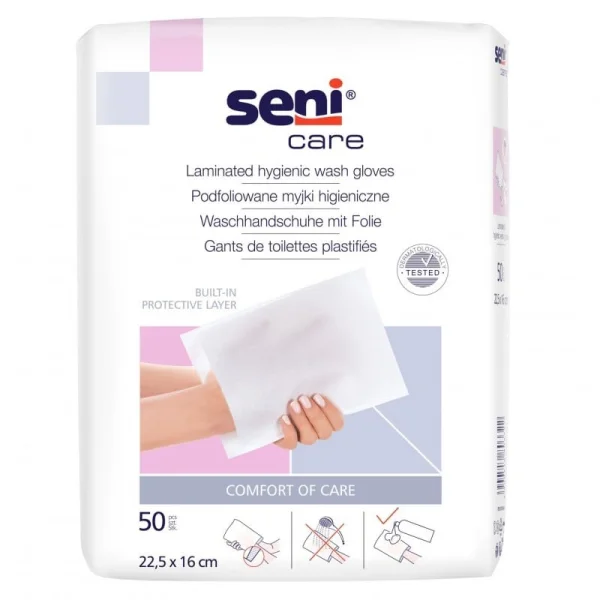 Seni Care, myjki higieniczne, podfoliowane, 22,5 cm x 16 cm, 50 sztuk