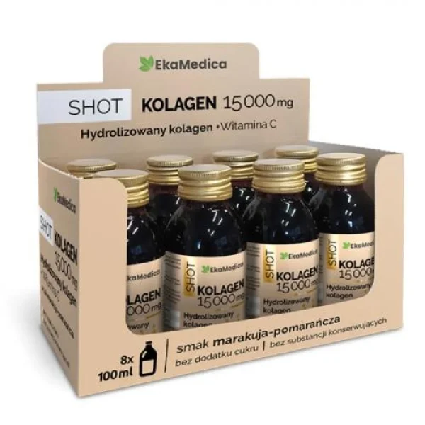 EkaMedica Shot Kolagen 15 000 mg z witaminą C, smak marakuja-pomarańcza, 8 x 100 ml