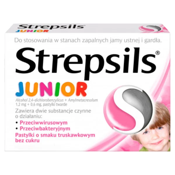 Strepsils Junior 1,2 mg + 0,6 mg, bez cukru, smak truskawkowy, 24 pastylki do ssania