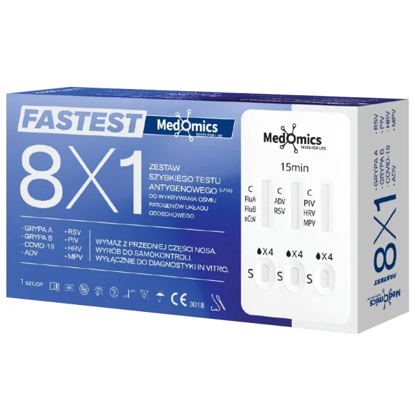 LabHome Test Combo 8w1 SARS-COV-2/Flu A/B/RSV/ADV/PIV/HRV/MPV, test diagnostyczny na obecność 8 wirusów, 1 sztuka