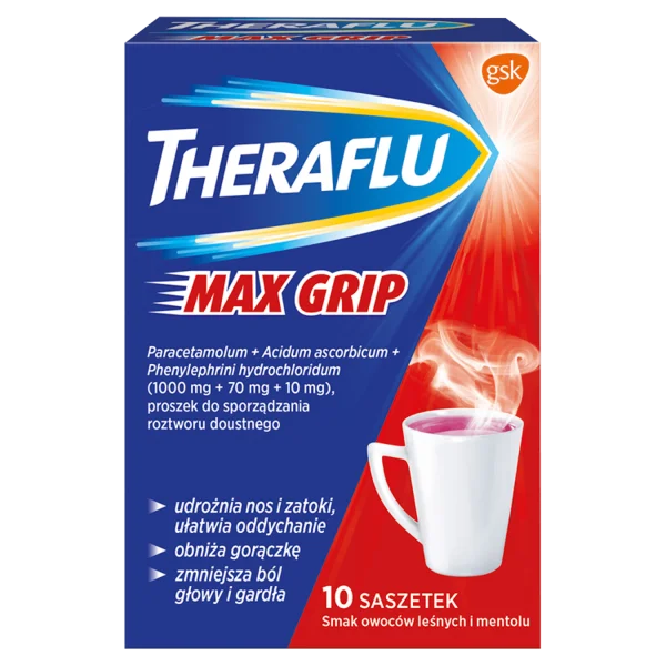 Theraflu Max Grip 1000 mg + 70 mg + 20 mg, proszek do sporządzania roztworu doustnego, smak owoców leśnych i mentolu, 10 saszetek