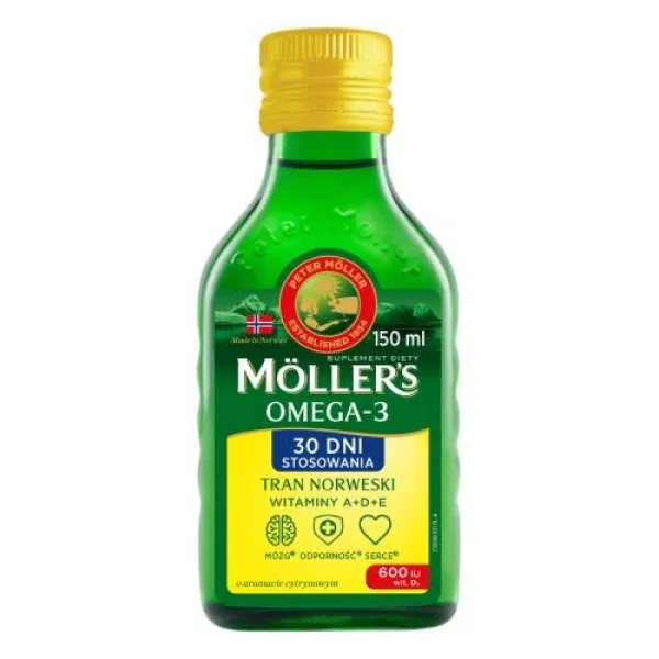 Moller's Omega-3 Tran norweski, od 3 roku życia, aromat cytrynowy, 150 ml