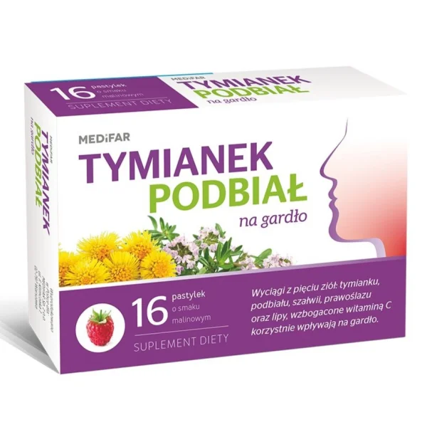 Tymianek Podbiał na gardło, smak mailnowy, 16 pastylek do ssania