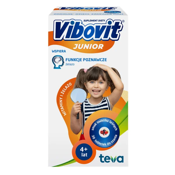 Vibovit Junior Witaminy i żelazo, dla dzieci po 4 roku życia, smak owoców leśnych, 30 tabletek