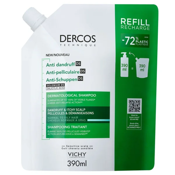 Vichy Dercos Anti Dandruff DS, szampon przeciwłupieżowy, włosy normalne i przetłuszczające się, zapas, 390 ml