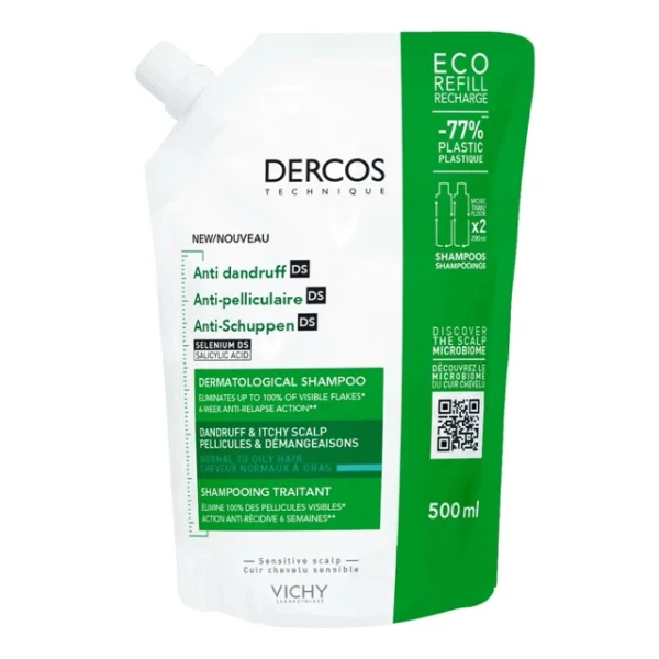 Vichy Dercos Anti Dandruff DS, szampon przeciwłupieżowy, włosy normalne i przetłuszczające się, zapas, 500 ml