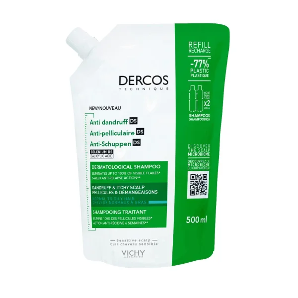 Vichy Dercos Anti Dandruff DS, szampon przeciwłupieżowy, włosy normalne i przetłuszczające się, zapas, 500 ml