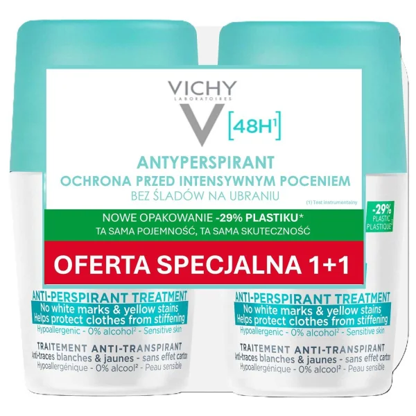 Vichy, antyperspirant roll-on 48h, przeciw śladom na ubraniach, 2 x 50 ml