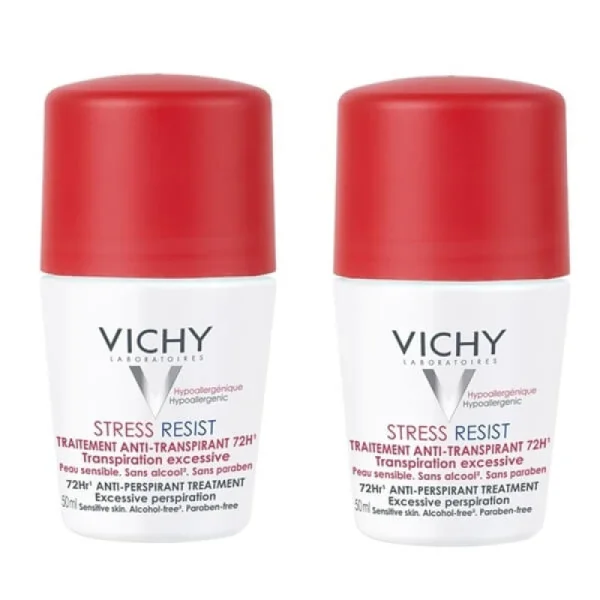 Vichy Stress Resist, antyperspirant roll-on, intensywna kuracja przeciw poceniu się, 72h, 2 x 50 ml