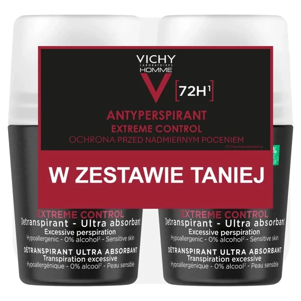 Vichy Homme, antyperspirant roll-on dla mężczyzn, 72-godzinna ochrona, 2 x 50 ml