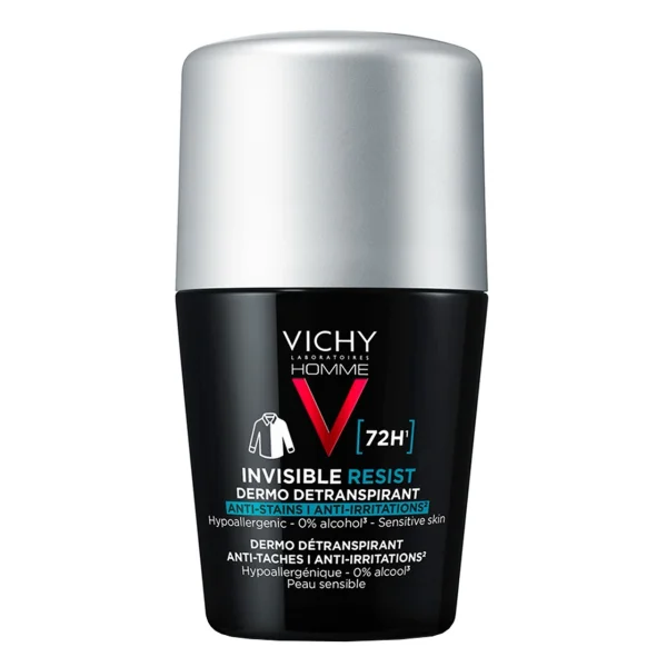 Vichy Homme Invisible Resist, antyperspirant roll-on dla mężczyzn, przeciw śladom na ubraniach, 50 ml