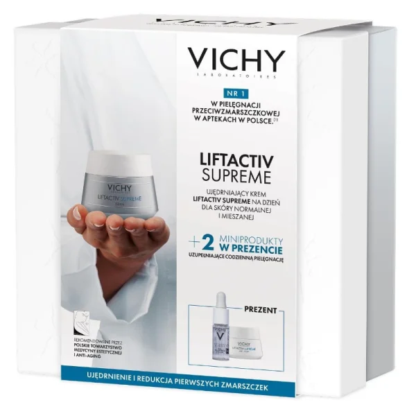 Zestaw Vichy Liftactiv Supreme, pielęgnacja korygująca do skóry normalnej i mieszanej, 50 ml serum przeciwzmarszczkowe, 10 ml pielęgnacja ujędrniająca na noc, 15 ml