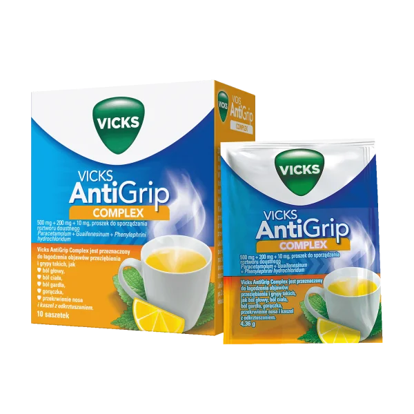 Vicks AntiGrip Complex 500 mg + 200 mg + 10 mg, proszek do sporządzania roztworu doustnego, 10 saszetek