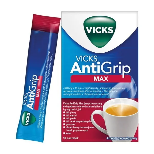 Vicks AntiGrip Max 1000 mg + 16 mg + 4 mg, granulat do sporządzania roztworu doustnego, 10 saszetek