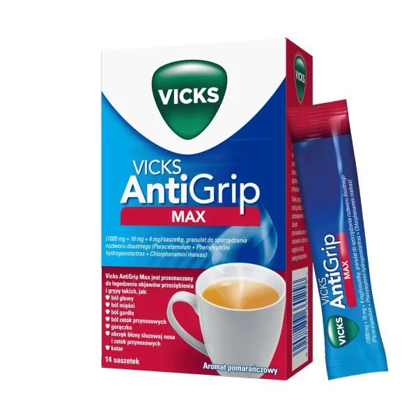 Vicks AntiGrip Max 1000 mg + 16 mg + 4 mg, granulat do sporządzania roztworu doustnego, 14 saszetek