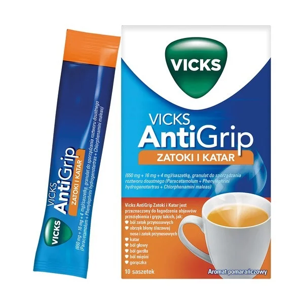 Vicks AntiGrip Zatoki i Katar 650 mg + 16 mg + 4 mg, granulat do sporządzania roztworu doustnego, 10 saszetek
