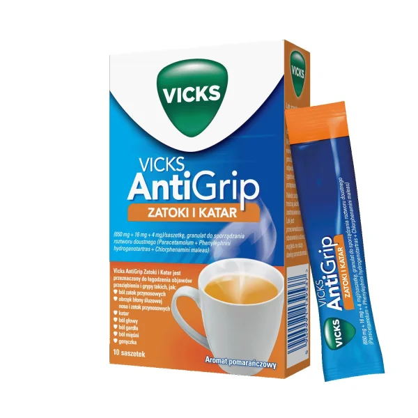 Vicks AntiGrip Zatoki i Katar 650 mg + 16 mg + 4 mg, granulat do sporządzania roztworu doustnego, 10 saszetek