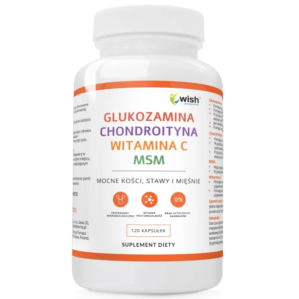 Wish Glukozamina + Chondroityna Wołowa + MSM + Witamina C, 120 kapsułek