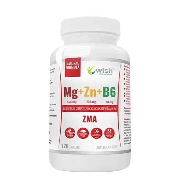 Wish Mg + Zn + B6 ZMA, magnez, cynk, witamina B6, 120 tabletek