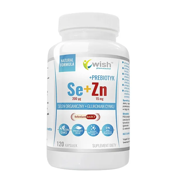 Wish, Selen Organiczny 200 µg + Glukonian cynku 15 mg + Prebiotyk, 120 kapsułek