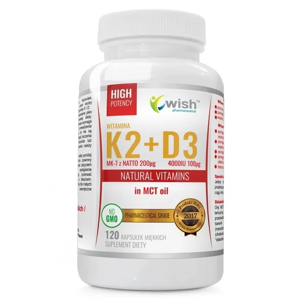 Wish Witamina K2 MK7 z natto 200 µg + D3 4000 IU w oleju MCT, 120 kapsułek miękkich