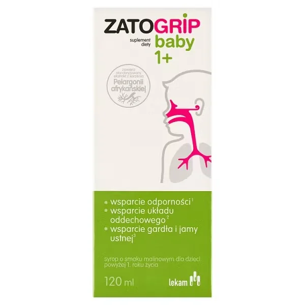 Zatogrip Baby 1+, Syrop o smaku malinowym dla dzieci powyżej 1 roku życia, 120 ml