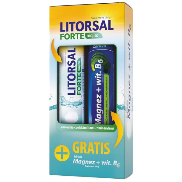 Zdrovit Litorsal Forte, smak mojito, 24 tabletki musujące + Magnez z witaminą B6, smak cytrynowy, 24 tabletki musujące