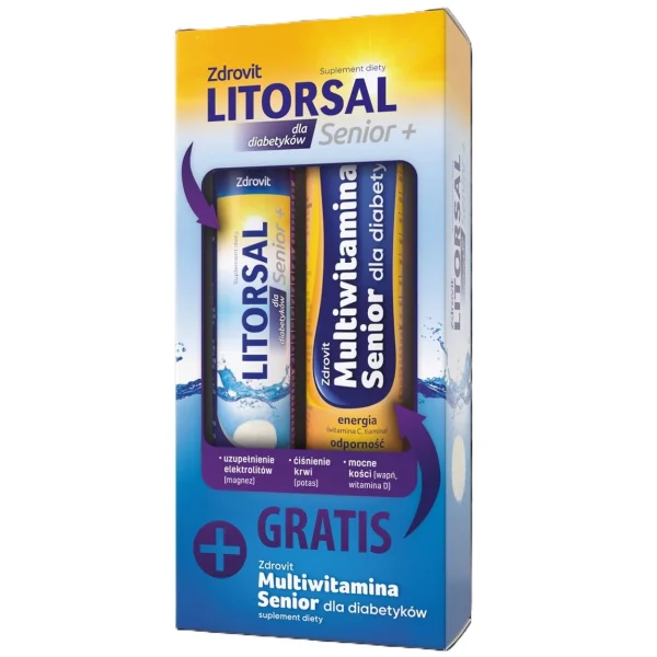 Zdrovit Litorsal Senior+, dla diabetyków, smak pomarańczowy, 20 tabletek musujących + Multiwitamina Senior, dla diabetyków, smak pomarańczowo-cytrynowy, 24 tabletki musujące