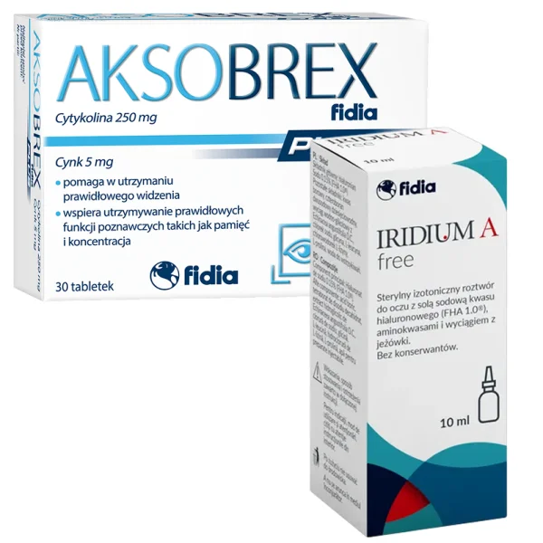 ZESTAW Aksobrex Fidia Plus, 30 tabletek + Iridium A Free, izotoniczny roztwór do oczu, 10 ml