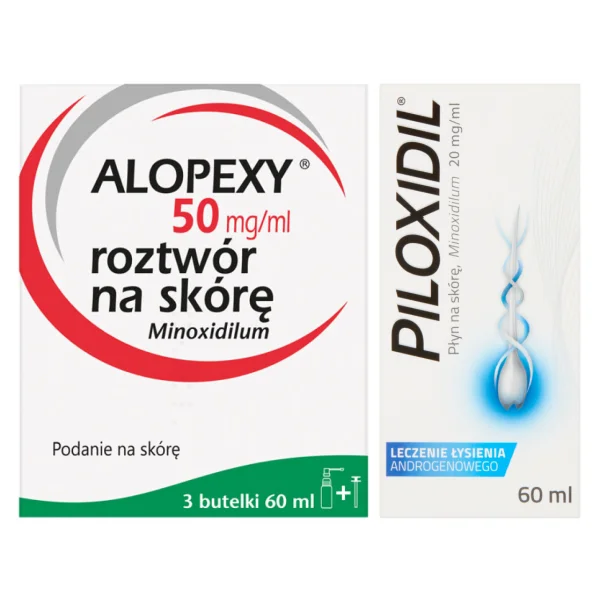 Zestaw Alopexy 5 % (50 mg/ml), roztwór do stosowania na skórę, 3 x 60 ml + Piloxidil 20 mg/ ml, płyn na skórę, 60 ml