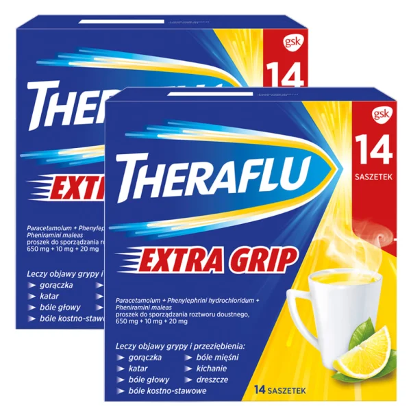 Zestaw Theraflu Extra Grip 650 mg + 10 mg + 20 mg, proszek do rozpuszczania 14 saszetek, 2 sztuki
