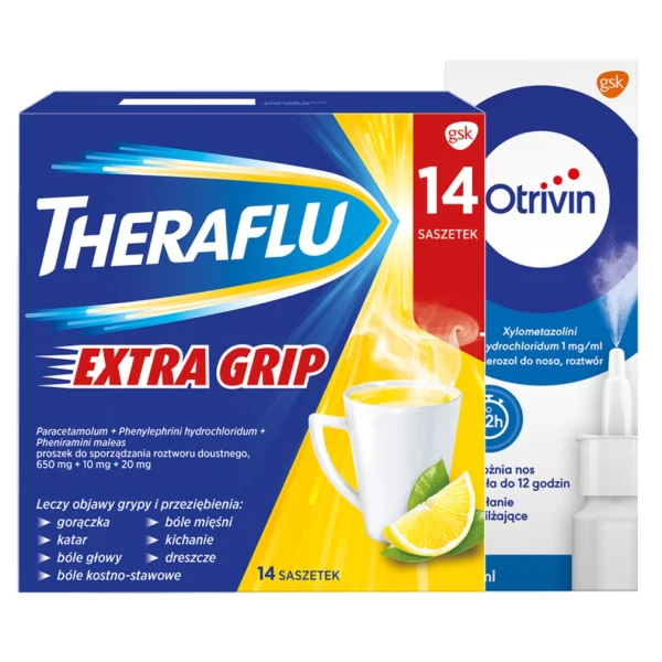Zestaw Theraflu Extra Grip, proszek, 14 saszetek + Otrivin 1 mg/ 1 ml, aerozol do nosa, 10 ml 